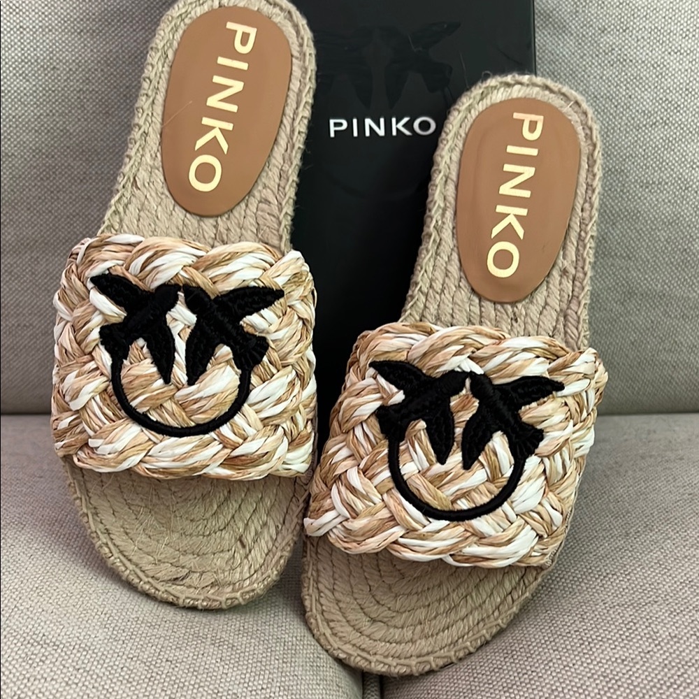 Pinko Greta Ciabatta Raffia Lovebird Sandals Slides size 38